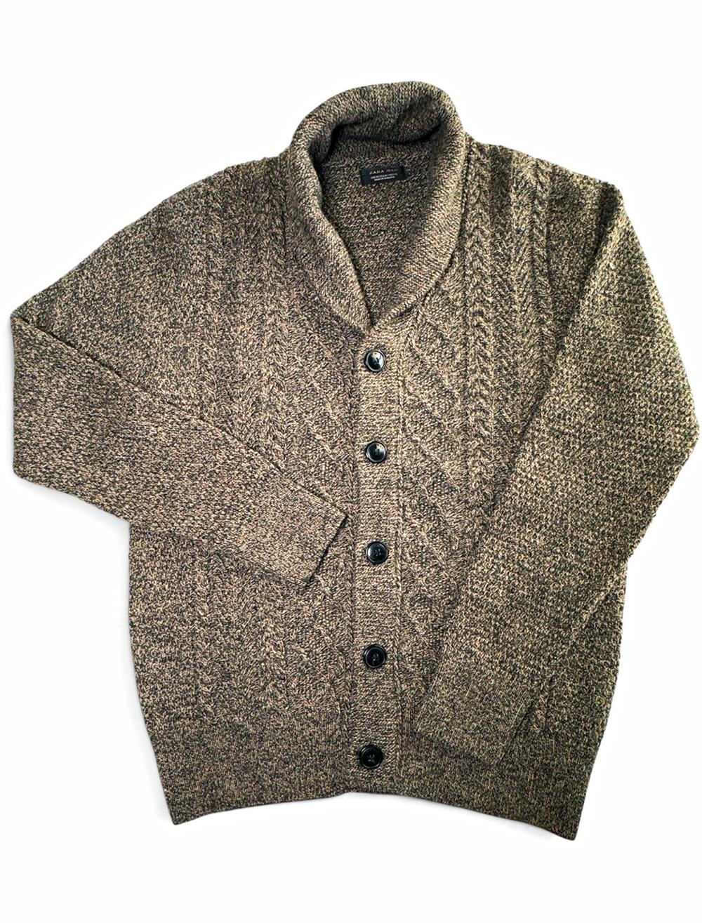 ZARA MAN Gray Shawl Collar Cable Knit Button Front Cardigan Sweater M